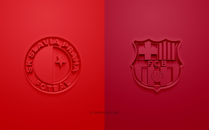 Le Slavia Prague vs FC Barcelone, en Ligue des Champions, 2019, promo, match de football, Groupe F de l&#39;UEFA, l&#39;Europe, le Slavia Prague, le FC Barcelone, art 3d, 3d logo