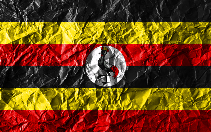 Ugandan flag, 4k, crumpled paper, African countries, creative, Flag of Uganda, national symbols, Africa, Uganda 3D flag, Uganda