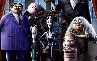 La Famiglia Addams, 2019, poster, promozionale, materiali, tutti i personaggi, Morticia Addams, Pugsley Addams, mercoled&#236; Addams, Gomez Addams