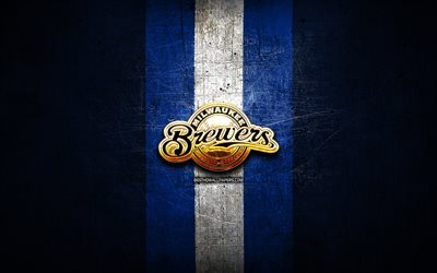 Los Cerveceros de Milwaukee, de oro logotipo, MLB, azul metal de fondo, american equipo de b&#233;isbol de la Liga Mayor de B&#233;isbol, de los Cerveceros de Milwaukee logotipo, b&#233;isbol, estados UNIDOS