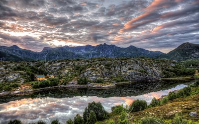 Nordland, noite, p&#244;r do sol, paisagem de montanha, rio de montanha, rochas, HDR, Noruega