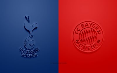 Tottenham vs Bayern Munique, Liga Dos Campe&#245;es, 2019, promo, partida de futebol, Grupo B, A UEFA, Europa, O Tottenham Hotspur, O FC Bayern de Munique, Arte 3d, Logo em 3d