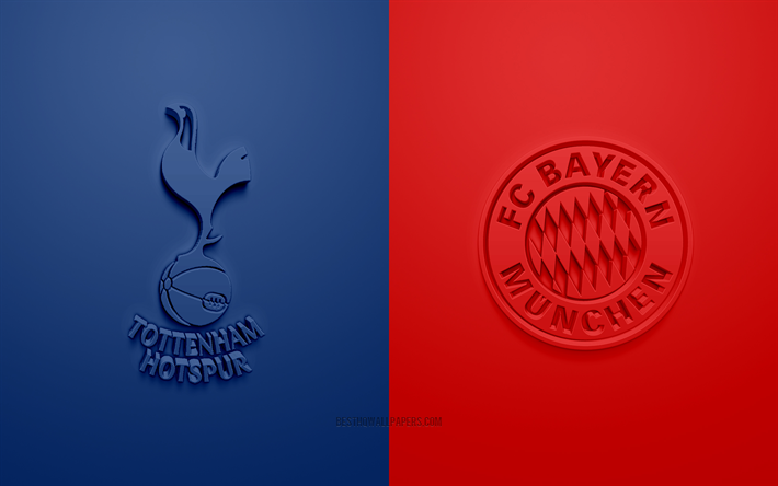 Tottenham Hotspur vs Bayern M&#252;nchen, Mestarien Liigan, 2019, promo, jalkapallo-ottelu, B-Ryhm&#228;n, UEFA, Euroopassa, Tottenham Hotspur, FC Bayern M&#252;nchen, 3d art, 3d logo