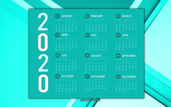 2020 Kalender, alla m&#229;nader, turkos 2020 kalender, kreativ konst, turkos abstrakt bakgrund, 2020 &#197;r Koncept