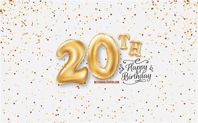 20th Happy Birthday, 3d balloons letters, Birthday background with balloons, 20 Years Birthday, Happy 20th Birthday, white background, Happy Birthday, greeting card, Happy 20 Years Birthday