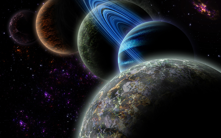 4k, 太陽光システム, 3Dアート, ヴィーナス, 冥王星, ヌ, 地球, マース, ネプチューン, ジュピター, 水銀, 系星雲, 惑星シリーズ, 惑星, 銀河, sci-fi, 宇宙船