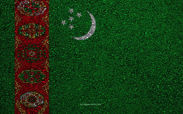 flagge von turkmenistan, asphalt textur, die flagge auf asphalt, turkmenistan flagge, asien, turkmenistan, flaggen von asien l&#228;ndern