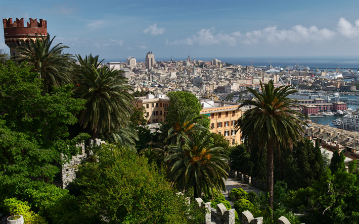 Genova, kaupunkikuva, kes&#228;ll&#228;, seaport, kaunis kaupunki, Genova panorama, Genova skyline, Liguria, Italia