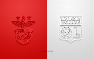 L&#39;SL Benfica vs Olympique Lyonnais, Champions League 2019, promo, partita di calcio, Gruppo G di UEFA, l&#39;Europa, l&#39;SL Benfica, l&#39;Olympique Lyonnais, arte 3d, 3d logo