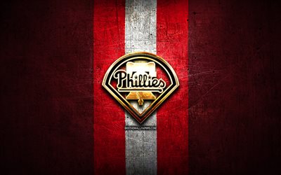 Philadelphia Phillies, golden logotyp, MLB, red metal bakgrund, amerikansk baseball team, Major League Baseball, Philadelphia Phillies logotyp, baseball, USA