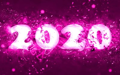 Happy New Year 2020, 4k, purple neon lights, abstract art, 2020 concepts, 2020 purple neon digits, 2020 on purple background, 2020 neon art, creative, 2020 year digits