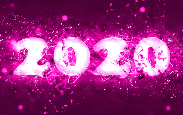 Happy New Year 2020, 4k, purple neon lights, abstract art, 2020 concepts, 2020 purple neon digits, 2020 on purple background, 2020 neon art, creative, 2020 year digits