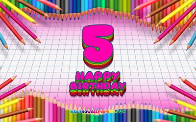 4k, Happy 5th birthday, colorful pencils frame, Birthday Party, purple checkered background, Happy 5 Years Birthday, creative, 5th Birthday, Birthday concept, 5th Birthday Party