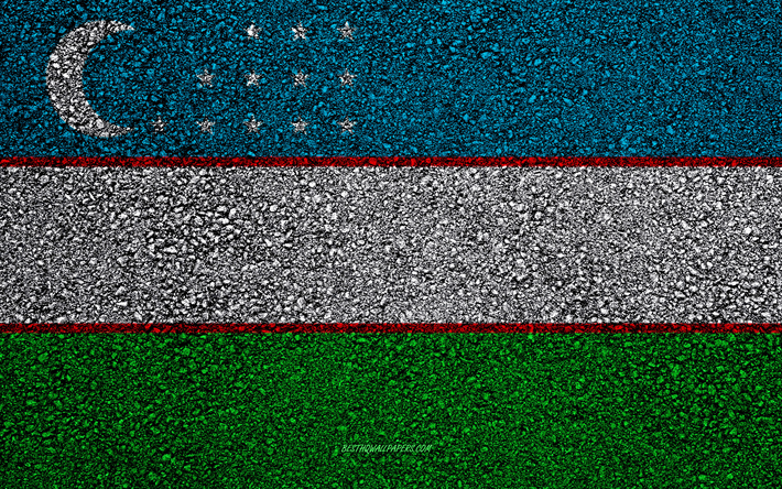 Flag of Uzbekistan, asphalt texture, flag on asphalt, Uzbekistan flag, Asia, Uzbekistan, flags of Asia countries