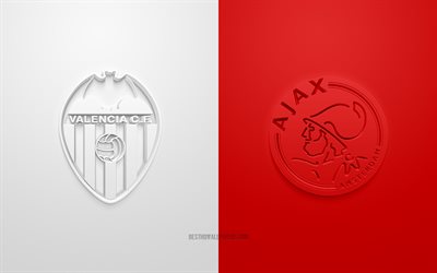 バレンシアのCF vs Ajaxアムステルダム, チャンピオンリーグ, 2019, プロモーション, サッカーの試合, グループH, UEFA, 欧州, バレンシアのCF, Ajaxアムステルダム, 3dアート, 3dロゴ