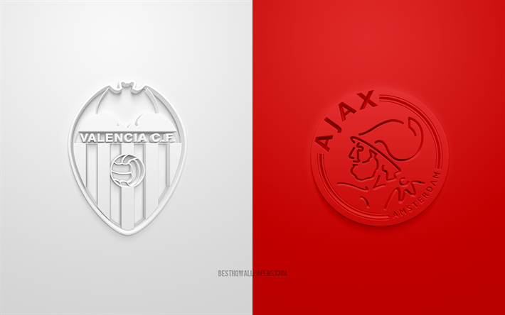 Valencia CF vs Ajax de Amsterdam, de la Liga de Campeones, 2019, promo, partido de f&#250;tbol, del Grupo H de la UEFA, Europa, el Valencia CF, el Ajax de Amsterdam, arte 3d, 3d logo