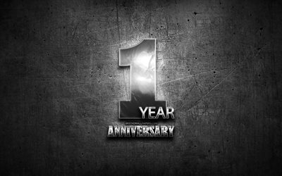 1 Years Anniversary, silver signs, creative, anniversary concepts, 1st anniversary, gray metal background, Silver 1st anniversary sign