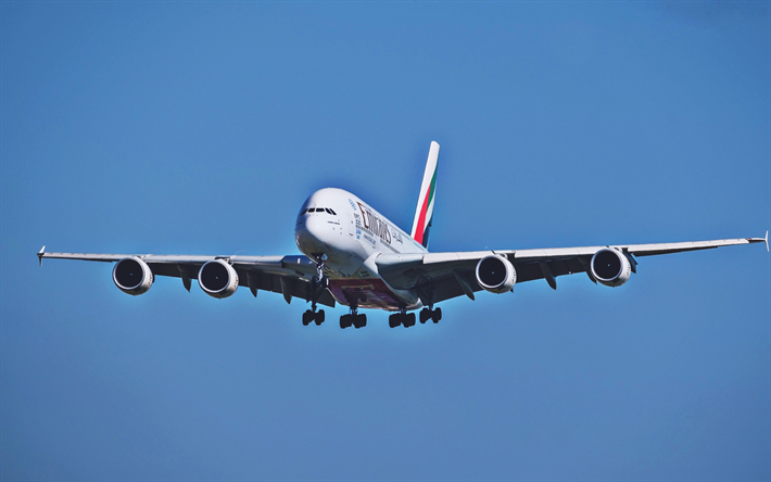 Lent&#228;&#228; A380, lentokone, sininen taivas, Airbus A380, matkustajakone, matkustaja lentokoneet, Airbus, A380