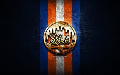 New York Mets, golden logo, MLB, blue metal background, american baseball team, Major League Baseball, New York Mets logo, baseball, USA, NY Mets