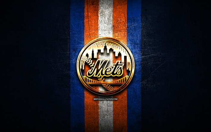 New York Mets, golden logotyp, MLB, bl&#229; metall bakgrund, amerikansk baseball team, Major League Baseball, New York Mets logotyp, baseball, USA, NEW york Mets