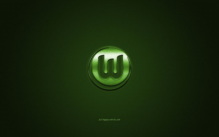 vfl wolfsburg, german football club, bundesliga, green logo, green carbon fiber background, football, wolfsburg, germany, vfl wolfsburg logo