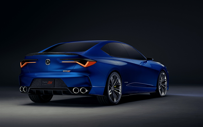Acura Tyyppi S Concept, 2019, takaa katsottuna, ulkoa, sininen sedan, uusi sininen Tyyppi S, japanilaiset autot, Acura