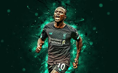 Sadio Mane, 4k, black uniform, Senegalese footballers, Liverpool FC, neon lights, Mane Liverpool, soccer, LFC, Premier League, Sadio Mane 4K, football, forward