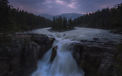 waterfall, evening, mountain river, sunset, beautiful waterfall, forest, island on the river, USA
