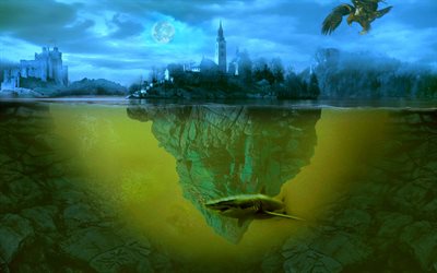 la isla, bajo el agua del mundo, el tibur&#243;n, el paisaje nocturno, 3D, arte, obras de arte, castillo