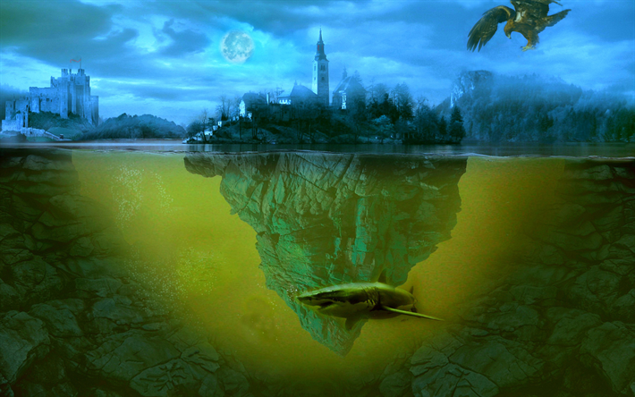 island, underwater world, shark, nightscape, 3D art, artwork, castle