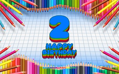 4k, Feliz 2&#186; cumplea&#241;os, l&#225;pices de colores de marco, Fiesta de Cumplea&#241;os, azul a cuadros de fondo, Felices 2 A&#241;os, Cumplea&#241;os, creativo, 2&#186; cumplea&#241;os, el Cumplea&#241;os concepto, 2&#170; Fiesta de Cumplea&#241;o