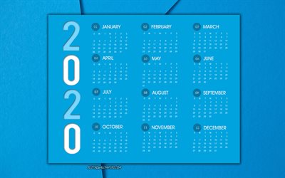 Blue 2020 Calendar, light blue abstract background, 2020 calendar for all months, 2020 Year concepts, creative art