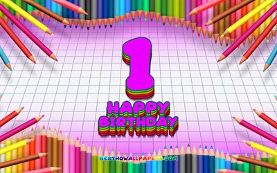 4k, Happy 1st birthday, colorful pencils frame, Birthday Party, purple checkered background, Happy 1 Years Birthday, creative, 1st Birthday, Birthday concept, 1st Birthday Party