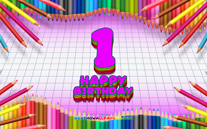 4k, 嬉しい1日に誕生日, 色鉛筆をフレーム, 誕生パーティー, 紫色の市松模様の背景, 嬉しい1年に誕生日, 創造, 1歳の誕生日, 誕生日プ, 1日に誕生パーティー