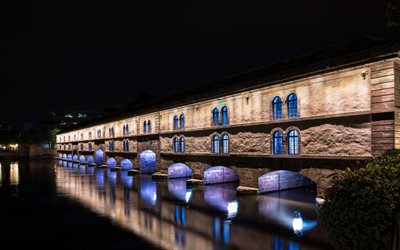 Strasbourg, gece, k&#246;pr&#252;, nehir, Fransız şehir, Şehir, Strazburg, Fransa