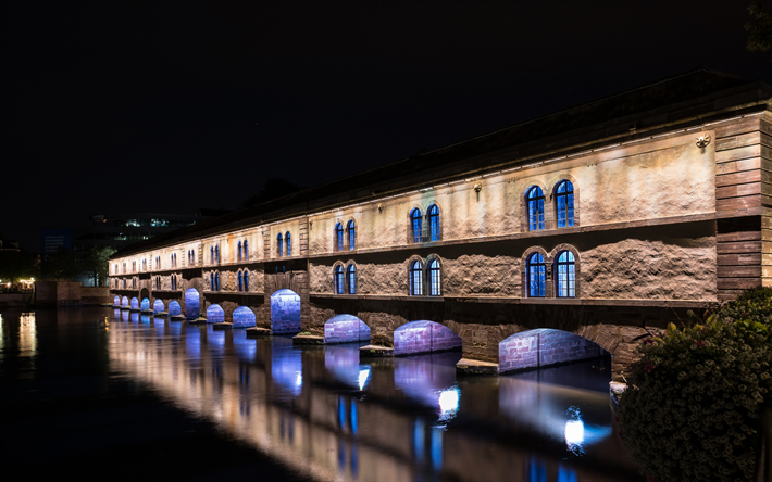 Strasburgo, notte, ponte, fiume, citt&#224; francese di Strasburgo, citt&#224;, Francia