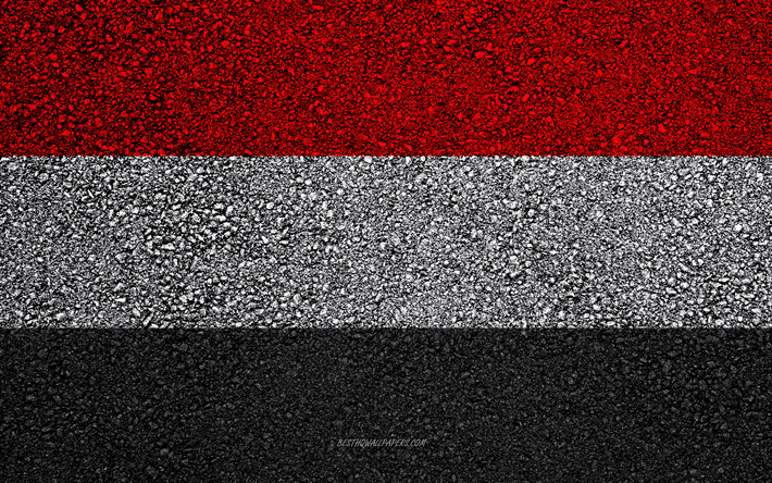 Bandeira do I&#234;men, a textura do asfalto, sinalizador no asfalto, I&#234;men bandeira, &#193;sia, I&#234;men, bandeiras dos pa&#237;ses da &#193;sia