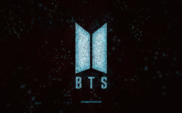 Logo BTS glitter, 4k, sfondo nero, logo BTS, arte glitter azzurro, BTS, arte creativa, logo glitter azzurro BTS