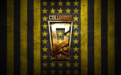 Columbus Crew new logo, MLS, black yellow metal background, american soccer club, Columbus Crew flag, soccer, Columbus Crew SC, Columbus Crew FC, golden logo, Columbus Crew logo