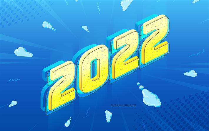 2022 New Year, blue background, 2022 3d art, Happy New Year 2022, yellow 3d letters, 2022 concepts, 2022 3d background, 2022 blue background, 2022 greeting card