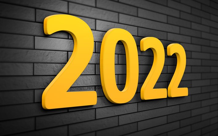 4k, 2022 gelbe 3d-ziffern, 2022-gesch&#228;ftskonzepte, graue ziegelmauer, 2022 neues jahr, frohes neues jahr 2022, kreativ, 2022-jahr, 2022 auf grauem hintergrund, 2022-konzepte, 2022-jahresziffern