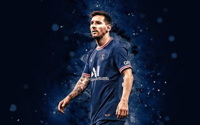 4k, Lionel Messi Paris Saint-Germain, 2021, blue neon lights, PSG, Paris Saint-Germain, argentinian footballers, football stars, Leo Messi, football, Lionel Messi PSG, soccer, Messi, Ligue 1, Lionel Messi 4K