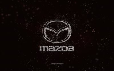 Mazda glitter logo, 4k, black background, Mazda logo, white glitter art, Mazda, creative art, Mazda white glitter logo