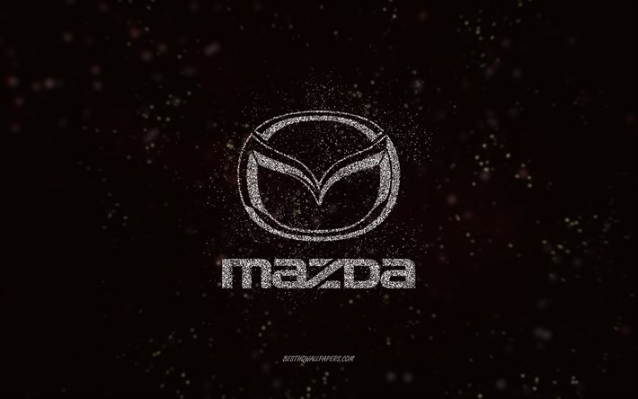 Logotipo mazda glitter, 4k, fundo preto, logotipo Mazda, arte de glitter branco, Mazda, arte criativa, logotipo mazda branco glitter