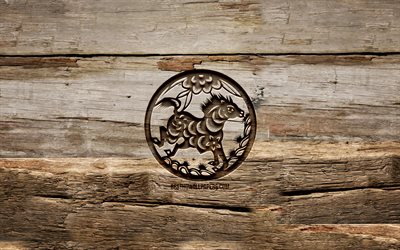 Signe du zodiaque du cheval, 4k, zodiaque chinois, signes de sculpture, calendrier chinois, zodiaque du cheval, arrière-plans en bois, signes du zodiaque chinois, créatif, cheval