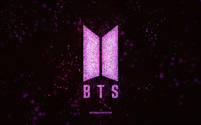 شعار BTS اللامع, 4 ك, خلفية سوداء 2x, شعار BTS, الفن بريق الوردي, BTS, فني إبداعي, BTS شعار بريق وردي