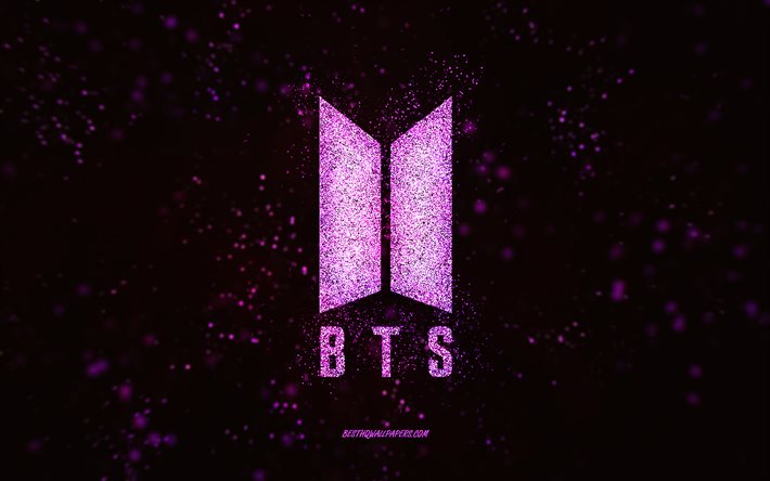 Logotipo de glitter BTS, 4k, fundo preto, logotipo BTS, arte de glitter rosa, BTS, arte criativa, logotipo de glitter rosa BTS