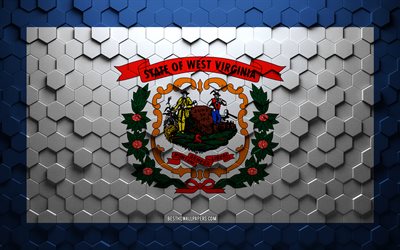 Drapeau de la Virginie-Occidentale, art en nid d&#39;abeille, drapeau des hexagones de la Virginie-Occidentale, Virginie-Occidentale, art des hexagones 3d, drapeau de la Virginie-Occidentale