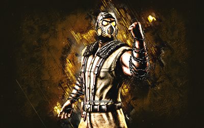 KoldWarスコーピオン, モータルコンバット, KoldWarスコーピオンMK, 黄色い石の背景, モータルコンバットのキャラクター, グランジアート, KoldWar Scorpion Mortal Kombat