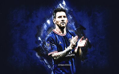Lionel Messi, Paris Saint-Germain, Messi art, Argentine footballer, portrait, PSG, dark blue stone background, Leo Messi art